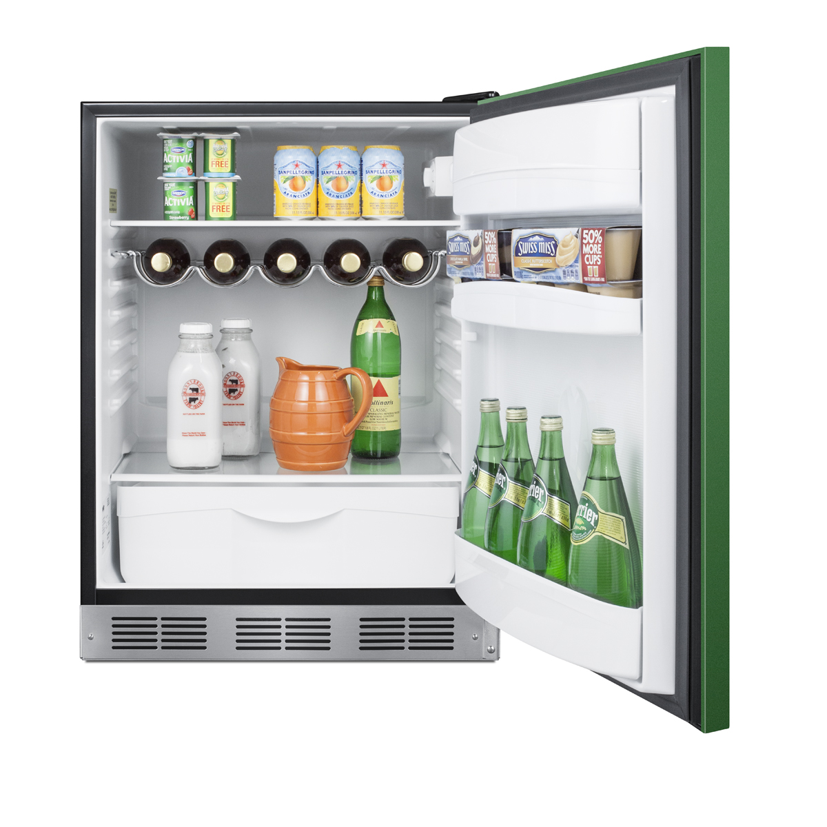24 in. wide all-refrigerator for residential use, auto defrost with an emerald green door, stainless steel handle, and black cabinet